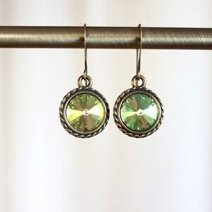 Vintage Style Brass Lime Green Crystal Round Drop Dangle Earrings French Hook